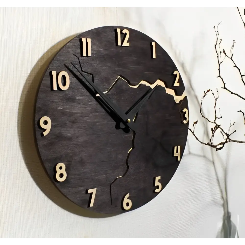 Wooden Design Wall Clock - Crackled Wood Dial, Silent Quartz