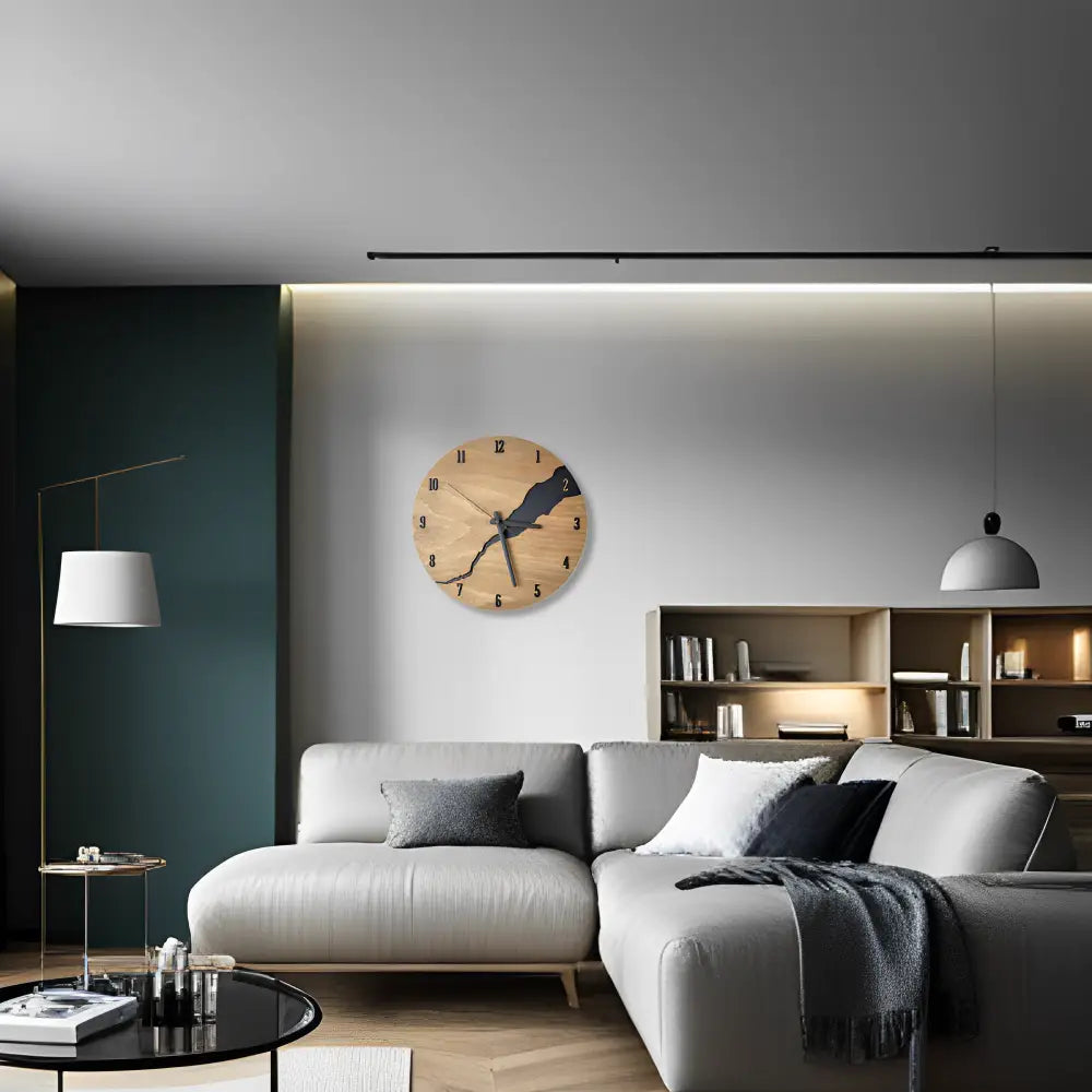 Silent quartz wooden wall clock hanging in a bright kitchen