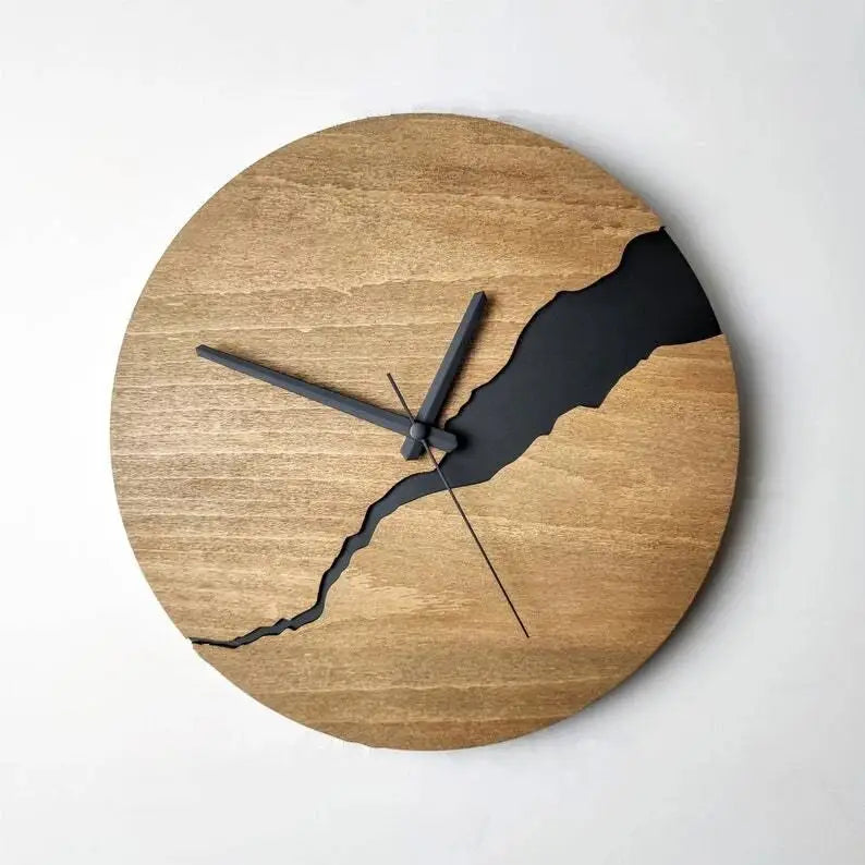 Wooden Design Wall Clock - Crackled Wood Dial, Silent Quartz