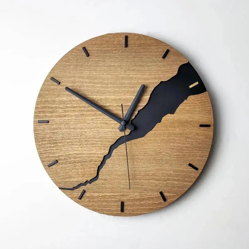 Wooden Design Wall Clock - Crackled Wood Dial, Silent Quartz