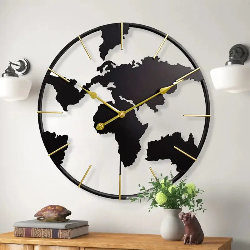 Close-up of world map clock face showing detailed continents on metal plate