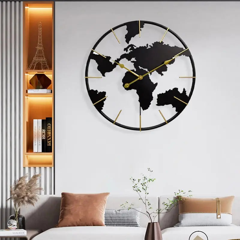 World map wall clock mounted in a modern living room