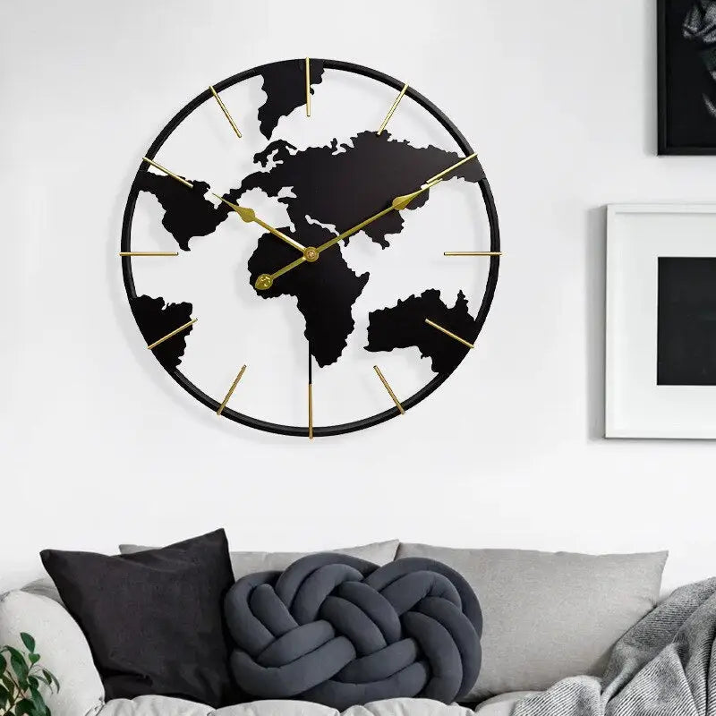 World map wall clock displayed in a contemporary home office